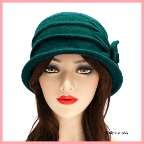 Wool Blend Vintage Winter Cloche Bucket Hat with Flower Accent main image 5